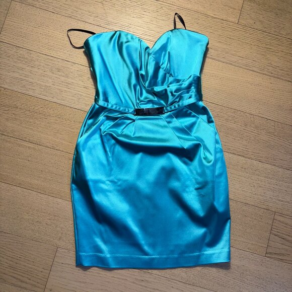 Bebe Strapless Satin Teal Dress - size small - Picture 1 of 7